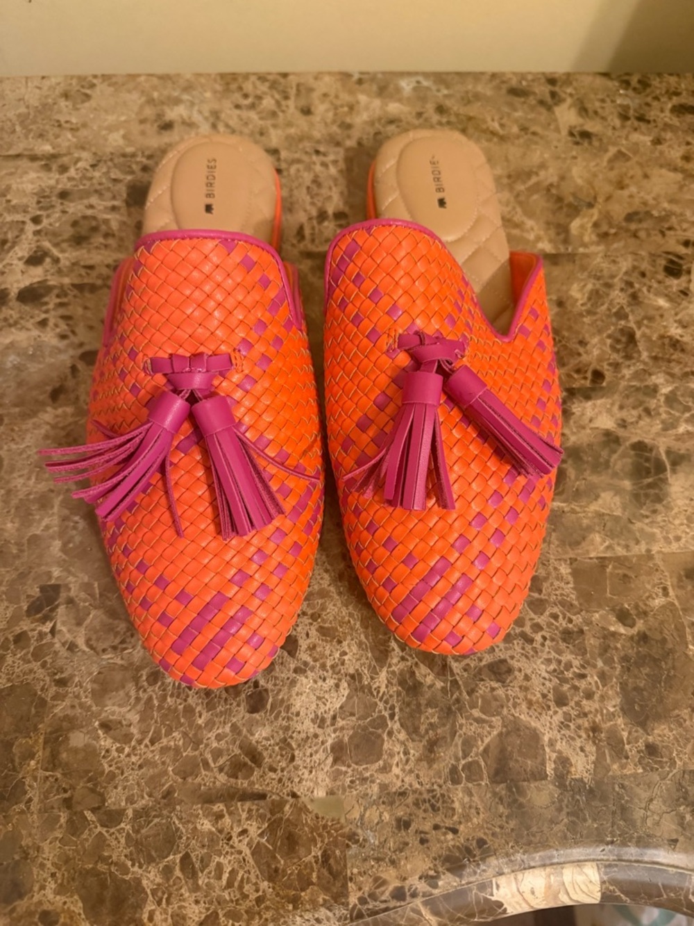 Birdies Orange and Pink Woven Tassel Mules